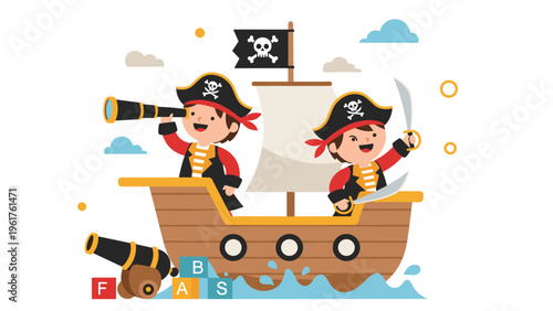 Two young children dressed as pirates play on a toy wooden ship with a skull flag and toy cannon in an imaginary adventure.
