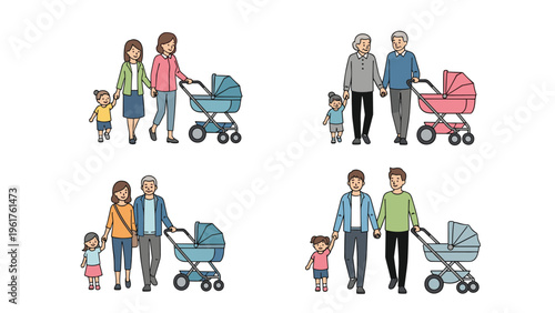 Set of diverse parent groups including elderly and same-sex couples walking their toddlers and pushing baby strollers outdoors.