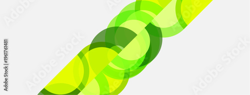 Abstract green circles overlap, creating dynamic diagonal pattern. Light background enhances visual flow, modern design element.