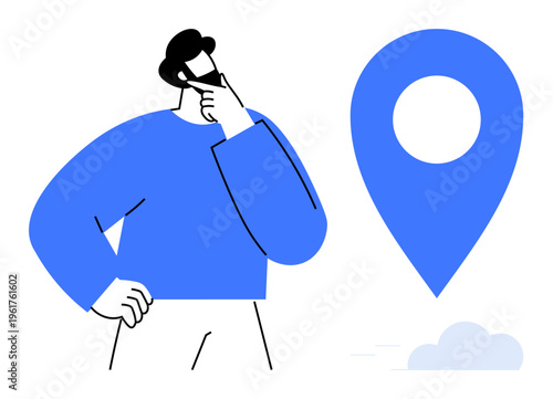 Navigation, location tracking, decision-making, travel planning, GPS services, wayfinding. A person contemplating with a large blue location pin nearby. Navigation and location tracking concept