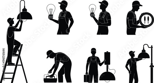 Electrician silhouette illustration featuring ladder work, light bulb, toolbox, and street lamp repair, symbolizing electrical maintenance, labor, and infrastructure design projects