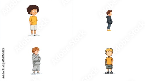 Cartoon vector illustration of four kids standing alone