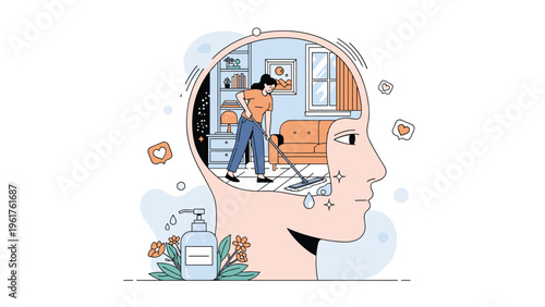 Human head silhouette contains a woman cleaning a living room symbolizing mental clarity and a fresh psychological start.