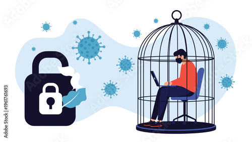 Man wearing a mask works on his laptop while trapped inside a birdcage as viruses and a large padlock represent lockdown.
