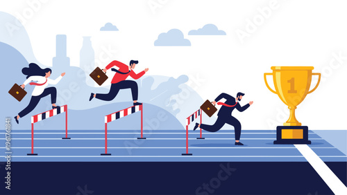 Ambitious business people jump over hurdles on a running track as they compete to reach a giant gold trophy at the finish.