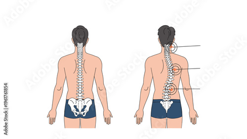 Medical diagram compares a healthy human spine against a spine with scoliosis and highlighted pain points for diagnosis.