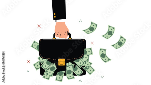 Professional hand holds a black briefcase overflowing with cash while many more dollar bills fly around in the air.