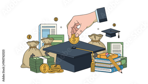Human hand drops a gold coin into a large graduation cap surrounded by money bags and academic books for tuition.