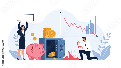 Distressed business professionals face a financial crisis with a broken piggy bank and a declining stock market chart.