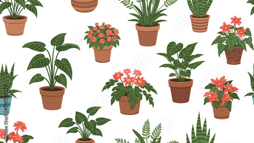 Seamless pattern featuring a variety of green indoor potted plants and colorful flowering plants on a white background.