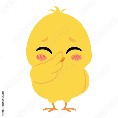 A cute, friendly, shy yellow chick. A flat vector illustration in a simple, child-friendly style. Vector illustration