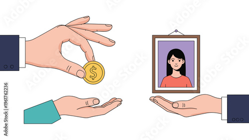 Hand offers a gold dollar coin while another hand holds a framed portrait of a girl to represent financial child support.