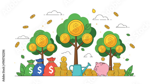 Multiple money trees grow from gold coins and bags next to a watering can and a piggy bank representing financial growth.