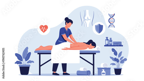 Professional massage therapist treats a patient on a table in a wellness center with health icons, promoting relaxation and physical therapy.