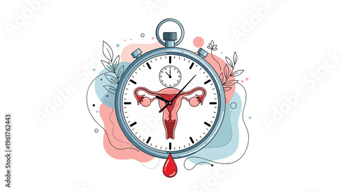 Illustration of a biological clock featuring female reproductive organs and a blood drop, representing fertility tracking and woman health cycles.