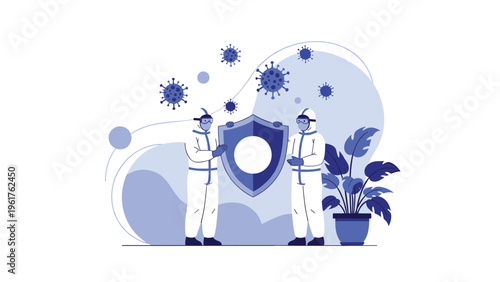 Healthcare workers in protective suits hold a large blue shield to defend against floating virus particles, symbolizing global pandemic safety.