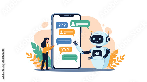 Young woman interacts with a friendly artificial intelligence chatbot on a large smartphone screen, representing modern customer support services.