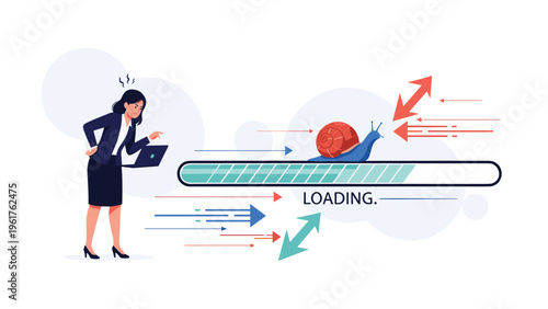 Businesswoman feels frustrated while looking at a laptop with a slow loading bar and a snail, symbolizing a very poor internet connection speed.