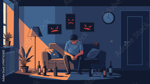 Sad man sits on a sofa in a dark room with empty wine bottles while scary monster shadows appear on the wall, illustrating deep depression.