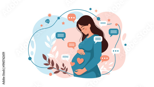 Pregnant woman gently touches her stomach surrounded by speech bubbles and heart symbols, representing maternal health and parental love.