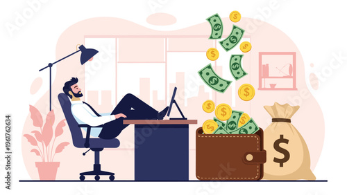 Successful businessman relaxes at his office desk as money falls into a large wallet and bag, representing financial wealth and prosperity.