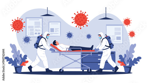 Medical team in hazmat suits moves a sick patient on a gurney through a hospital corridor during a dangerous infectious disease outbreak.