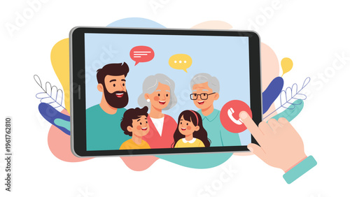 Hand touches a tablet screen to make a video call to a large happy family with grandparents and kids, showing modern digital connection.