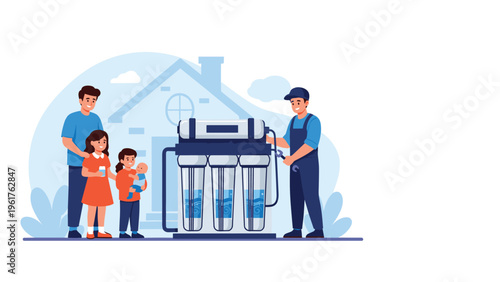 Service technician installs a modern water filtration system for a happy family at their home, ensuring clean and safe drinking water access.