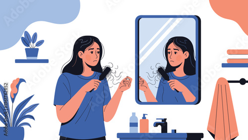 Worried young woman looks in a mirror as her hair falls out during brushing, representing common health issues related to hair loss and stress.