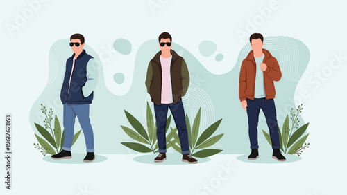 Three young men pose in casual autumn fashion including jackets and sunglasses against a stylized graphic background with decorative plants.