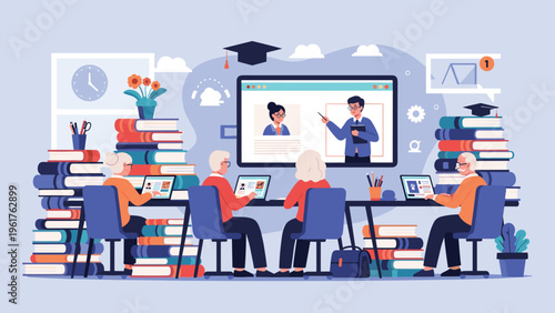 Group of senior citizens attend an online educational seminar on their laptops in a classroom filled with large stacks of textbooks.