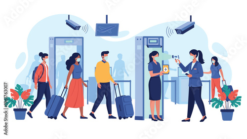 Passengers wearing masks pass through airport security scanners while guards check documents, ensuring safe travel during a pandemic.