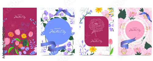 Mother’s Day Floral Template Card with Modern Flower and Ribbon Design