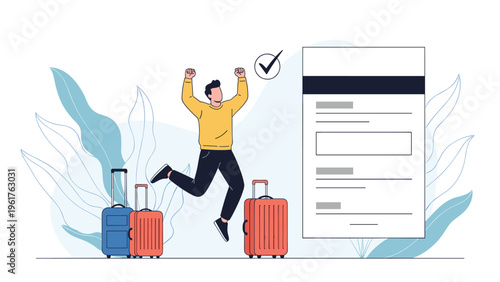 Happy man jumping with suitcases next to flight reservation form or travel documents for successful vacation planning.