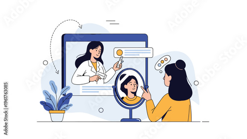 Young woman receiving professional dermatological advice during an online medical consultation on a tablet with her reflection.