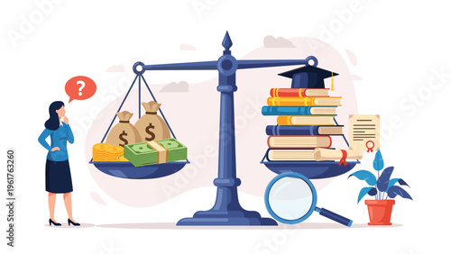 Thoughtful woman analyzing the balance between education costs and financial investment using a large justice scale.