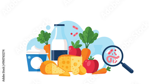 Close up inspection of food items like cheese and vegetables using a magnifying glass to detect harmful bacteria.