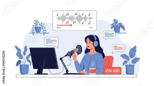 Female radio host or podcaster speaking into a professional microphone while recording a live broadcast in her studio.