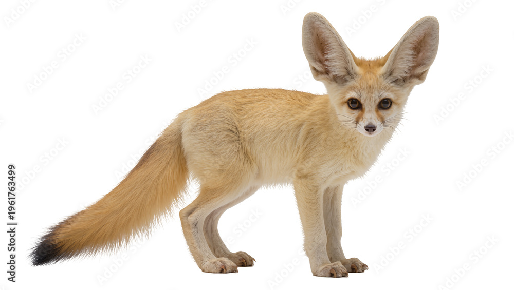 Obraz premium Cute desert fennec fox with big ears standing and looking alert on a clean backdrop