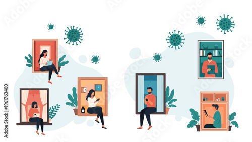 Diverse group of people staying home and looking out of their apartment windows during a global virus pandemic outbreak.