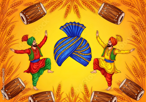 Sikh men in traditional Punjabi attire dancing, surrounded by dhol drums and wheat ears, vibrant cultural illustration