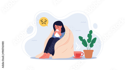 Ill woman wrapped in a warm blanket blowing her nose with a tissue while sitting next to a hot cup of tea or medicine.