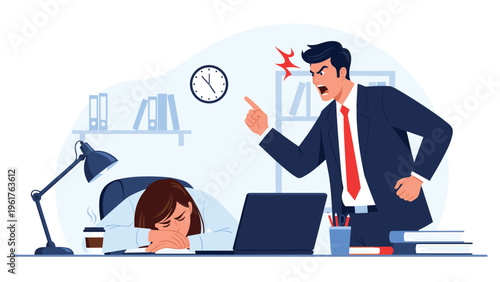 Angry male manager shouting and pointing at a female employee who has fallen asleep at her office desk due to extreme exhaustion.