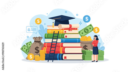 Woman considering the financial investment of education represented by a stack of books, money, and a graduation cap.