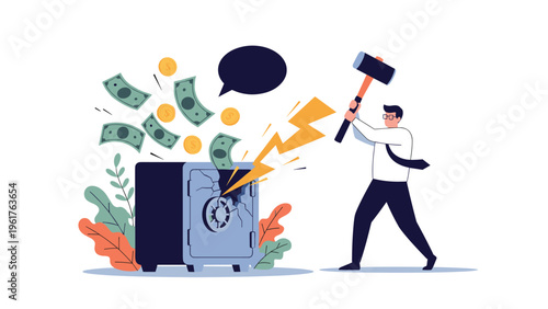 Businessman using a large hammer to break open a safe and release a cloud of money and gold coins for emergency funds.