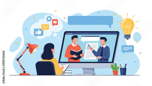 Young woman taking notes while watching an educational online lecture or video tutorial on her computer at home.