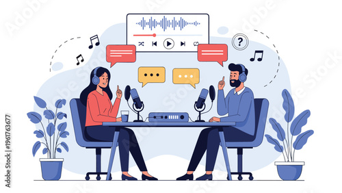 Male and female hosts recording a professional podcast episode together with microphones and audio equipment in a studio.