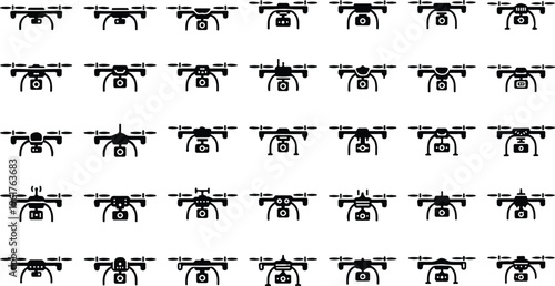 Isometric drone vector set with aerial unmanned multicopter vehicles, remote control surveillance technology and wireless robotic helicopter illustration