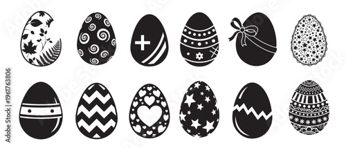 Collection of diverse decorative Easter eggs with intricate black and white patterns and designs