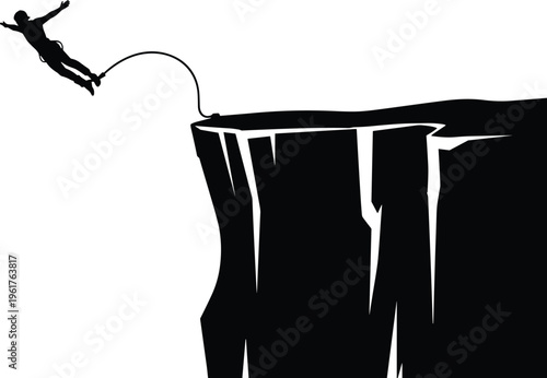 Bungee jumping silhouette from high cliff, extreme sports adventure, adrenaline rush, outdoor activity, risk taking concept, mountain jumping, and bravery.